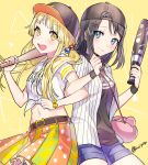  2girls :d animal_bag bag bang_dream! bangs baseball_bat baseball_cap belt_buckle black_belt black_hair black_hat black_shirt blonde_hair blue_eyes blue_shorts blush breasts buckle closed_mouth clothes_writing commentary_request dress_shirt eyebrows_visible_through_hair hair_bobbles hair_ornament hairclip handbag hat holding holding_baseball_bat jacket long_hair looking_at_viewer midriff multicolored multicolored_clothes multicolored_skirt multiple_girls navel okusawa_misaki open_clothes open_jacket open_mouth pleated_skirt shirt short_shorts short_sleeves shorts shoulder_bag skirt small_breasts smile tied_shirt tiny_(tini3030) tsurumaki_kokoro twitter_username vertical-striped_jacket very_long_hair white_jacket white_shirt yellow_eyes 