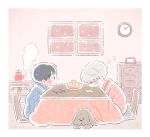  2boys black_hair brown_eyes chest_of_drawers clock closed_eyes dog eyewear_removed food fruit glasses katsuki_yuuri kotatsu makkachin male_focus multiple_boys open_mouth orange sakana_(gyogyo33) silver_hair sitting smile table teapot under_kotatsu under_table viktor_nikiforov window yuri!!!_on_ice zzz 