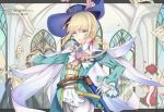  1boy androgynous artist_name belt blonde_hair blue_eyes cape character_name chevalier_d&#039;eon_(fate/grand_order) contest_winner dated fate/grand_order fate_(series) highres holding holding_sword holding_weapon jingzhongyin long_hair low_ponytail parted_lips pixiv_fate/grand_order_contest_1 saber_(weapon) scabbard sheath side_ponytail sword trap weapon 