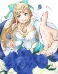  1girl blonde_hair blue_bow blue_eyes bow breasts bride charlotte_(fire_emblem_if) cleavage dress fire_emblem fire_emblem_heroes fire_emblem_if flower hair_bow long_hair open_mouth outstretched_arm petals robaco simple_background solo strapless strapless_dress wedding_dress white_background white_dress 