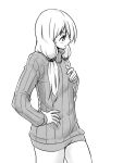 1girl commentary_request final_fantasy final_fantasy_tactics flat_chest geomancer_(fft) long_hair monochrome no_pants solo sweater takomeshi turtleneck 