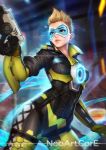  1girl blonde_hair bodysuit breasts brown_eyes freckles gun handgun hips lightning_tracer lips nudtawut_thongmai overwatch parted_lips pistol short_hair signature smile solo thighs tracer_(overwatch) weapon 