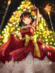  1girl absurdres arm_up bangs black_hair blunt_bangs blurry blurry_background bow christmas christmas_lights christmas_tree crescent crescent_earrings dress earrings highres holding_bell jewelry medium_hair merry_christmas night night_sky original red_dress siro_joon skirt_hold sky snowflakes snowing standing star_(symbol) yellow_bow 
