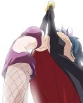  1girl arched_back arms_up black_cape blue_hair breasts cape haruyama_kazunori hugtto!_precure interlocked_fingers long_hair medium_breasts multicolored_hair papple_(precure) pink_hair precure simple_background solo two-tone_hair white_background 