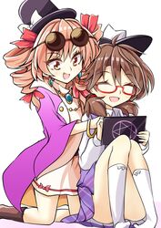  2girls aki_chimaki bangle bow bracelet brown_hair closed_eyes coat commentary_request dress drill_hair earrings eyewear_on_head fang glasses gold hair_bow hat hat_bow hexagram highres jewelry kneeling low_twintails multiple_girls necklace open_mouth orange_hair pendant red-framed_eyewear red_bow round_eyewear semi-rimless_eyewear shirt simple_background sitting socks sunglasses thighs top_hat touhou twin_drills twintails under-rim_eyewear usami_sumireko white_background white_bow white_dress white_legwear yellow_eyes yorigami_jo&#039;on 