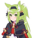 1girl azur_lane bell black_capelet blush capelet closed_mouth eyebrows_visible_through_hair fang fang_out green_eyes green_hair headband highres isokaze_(azur_lane) jingle_bell looking_at_viewer nezuko ponytail simple_background sketch smile solo tassel upper_body white_background 