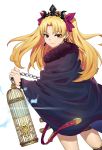  1girl absurdres bangs birdcage black_cape black_legwear blonde_hair bow cage cape chains closed_mouth dutch_angle earrings ereshkigal_(fate/grand_order) eyebrows_visible_through_hair fate/grand_order fate_(series) fur-trimmed_cape fur_trim hair_bow highres holding infinity jewelry long_hair looking_at_viewer looking_back makise_medaka parted_bangs purple_bow red_eyes simple_background smile solo thigh-highs tiara two_side_up very_long_hair white_background 