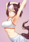  1girl animal_ears armpits blush bow breasts brown_hair commentary_request eyebrows_visible_through_hair hair_bow horse_ears horse_tail large_breasts lips looking_at_viewer multicolored_hair navel one_eye_closed open_mouth poripori purple_bow short_hair simple_background skirt solo special_week sports_bra stretch tail thigh-highs two-tone_hair umamusume upper_body violet_eyes white_hair white_skirt 