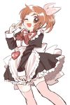  1girl ;d abe_nana amezawa_koma apron black_dress blush bow bowtie brown_eyes brown_hair commentary_request dress eyebrows_visible_through_hair feet_out_of_frame hair_bow heart idolmaster idolmaster_cinderella_girls maid maid_apron one_eye_closed open_mouth pink_bow pink_legwear ponytail simple_background sketch smile solo sweatdrop thigh-highs v 