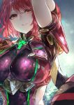  1girl arm_up bodysuit gloves grin highres pyra_(xenoblade) jewelry looking_at_viewer pink_hair red_eyes short_hair shoulder_armor signo_aaa smile solo xenoblade_(series) xenoblade_2 