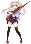  1girl absurdres azuki_azusa bangs black_legwear blonde_hair blue_jacket bolt_action bow brown_footwear full_body green_eyes gun hair_bow hentai_ouji_to_warawanai_neko. highres holding holding_gun holding_weapon jacket loafers long_hair looking_at_viewer miniskirt onceskylark open_clothes open_jacket pleated_skirt rifle school_uniform scope shirt shoes simple_background skirt smile solo standing tachi-e thigh-highs trigger_discipline twintails weapon weapon_request white_background white_shirt zettai_ryouiki 