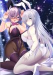  2girls anastasia_(fate/grand_order) animal_ears bare_shoulders black_leotard blue_eyes blush boots bow bowtie breasts bunny_girl bunny_tail bunnysuit checkered checkered_floor cleavage commentary_request detached_collar eyebrows_visible_through_hair fate/grand_order fate_(series) fishnet_pantyhose fishnets glasses hair_between_eyes high_heels highres large_breasts leotard long_hair looking_at_viewer mash_kyrielight multiple_girls okatora open_mouth pantyhose purple_hair rabbit_ears seiza short_hair silver_hair sitting sky star_(sky) starry_sky tail thigh-highs thigh_boots violet_eyes white_leotard wrist_cuffs 