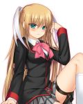  1girl blonde_hair blue_eyes bow cowboy_shot feet_out_of_frame little_busters!! long_hair looking_at_viewer otou_(otou_san) pink_bow plaid plaid_skirt pleated_skirt school_uniform simple_background sitting skirt smile solo thigh_strap tokido_saya twintails white_background 