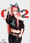  1girl absurdres animal_ears belt candy cat_ear_headphones collarbone darling_in_the_franxx denim food green_eyes hand_in_pocket headphones highres horns in_mouth index_finger_raised lollipop long_hair looking_at_viewer ludwind221 midriff navel pink_hair red_horns signature simple_background smile solo tank_top zero_two_(darling_in_the_franxx) 