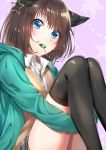  1girl absurdres animal_ears bangs black_legwear blue_eyes candy cat_ears commentary_request food hair_between_eyes highres jacket leg_hug lollipop looking_at_viewer mouth_hold open_clothes open_jacket original routo_(rot_0) shirt short_hair simple_background sitting solo sweater_vest thigh-highs white_shirt 