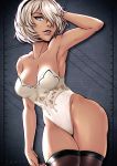  1girl bare_shoulders black_hairband black_legwear blue_eyes breasts cleavage commentary english_commentary hair_over_one_eye hairband hand_in_hair highleg highleg_leotard iahfy leotard lips medium_breasts mole mole_under_mouth nier_(series) nier_automata nose short_hair silver_hair solo strapless strapless_leotard thick_thighs thigh-highs thighs white_leotard wide_hips yorha_no._2_type_b 