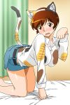  1girl all_fours animal_ears bed_sheet blush breasts brown_eyes brown_hair cat_ears cat_tail fake_animal_ears fake_tail indoors large_breasts long_sleeves looking_at_viewer official_art paw_pose short_hair shorts side_slit super_real_mahjong tail tanaka_ryou toyohara_etsuko 
