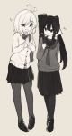  2girls :d antenna_hair bangs brown_background cardigan character_request closed_mouth eye_contact eyebrows_visible_through_hair fang hair_between_eyes hair_ornament hairclip loafers long_hair long_sleeves looking_at_another low_ponytail monochrome multiple_girls natsuki_teru necktie open_mouth original palms_together pantyhose pleated_skirt ponytail sailor_collar school_uniform serafuku shoes short_hair simple_background skirt sleeves_past_wrists smile standing sweater very_long_hair weapon_bag 