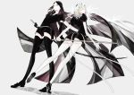  2others androgynous black_eyes black_hair bort colored_eyelashes diamond_(houseki_no_kuni) elbow_gloves gem_uniform_(houseki_no_kuni) gloves glowing glowing_hair grey_background houseki_no_kuni long_hair looking_at_viewer looking_back multicolored multicolored_eyes multicolored_hair necktie rainbow_eyes rainbow_hair short_hair smile sword thigh-highs very_long_hair weapon 