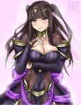  1girl absurdres alternate_costume arm_under_breasts bangs black_hair blunt_bangs bodystocking bow breasts bridal_veil bride circlet cleavage covered_navel cowboy_shot crying crying_with_eyes_open dress elbow_gloves fire_emblem fire_emblem_heroes geazs gloves grey_eyes hand_on_own_chest highres jewelry large_breasts married necklace pelvic_curtain purple_bow ring shiny skin_tight smile strapless strapless_dress tears tharja tiara two_side_up veil wedding wedding_dress 