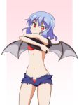  1girl bat_wings bikini black_shirt blue_hair cato_(monocatienus) commentary_request cowboy_shot eyebrows_visible_through_hair gradient gradient_background lifted_by_self looking_at_viewer navel pink_background red_bikini red_eyes remilia_scarlet shirt shirt_lift short_hair short_shorts shorts simple_background solo stomach swimsuit touhou undressing wings 