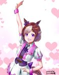  1girl :d animal_ears arm_up artist_name bow brown_hair dated ear_ribbon hand_on_hip heart horse_ears horse_tail multicolored_hair open_mouth puffy_short_sleeves puffy_sleeves purple_bow purple_ribbon ribbon saikura_noushu short_hair short_sleeves skirt smile solo special_week tail two-tone_hair umamusume violet_eyes wristband 