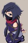  1girl ayame_(gundam_build_divers) bdsm black_hair boots breasts elbow_gloves face_mask fingerless_gloves gloves gundam gundam_build_divers hair_ornament hip_armor japanese_clothes kimono knee_boots long_hair looking_at_viewer low_ponytail mask medium_breasts ninja red_scarf rope scarf seiza sharpffffff shibari sitting solo split_ponytail thighhighs_under_boots violet_eyes 