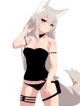  1girl absurdres animal_ears black_choker black_panties breasts choker eyebrows_visible_through_hair green_eyes grey_hair hand_in_hair hand_up highres legband legs_apart long_hair medium_breasts navel nezuko original panties simple_background smile solo standing strapless tail underwear white_background 