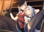  2girls belt black_footwear black_gloves black_hat black_legwear black_sailor_collar black_skirt couch facial_scar flat_cap gangut_(kantai_collection) gloves grey_hair grin hammer_and_sickle hat hibiki_(kantai_collection) highres jacket jacket_on_shoulders kantai_collection long_hair military military_hat military_jacket military_uniform miniskirt multiple_girls orange_eyes pallad pantyhose peaked_cap pipe red_shirt remodel_(kantai_collection) sailor_collar scar scar_on_cheek school_uniform serafuku shirt short_sleeves silver_hair sitting skirt smile smoke thigh-highs uniform verniy_(kantai_collection) white_hat white_jacket 