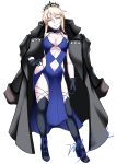  1girl 2018 artoria_pendragon_(all) artoria_pendragon_(swimsuit_rider_alter) bare_shoulders black_gloves black_legwear blonde_hair breasts cleavage dated eyebrows_visible_through_hair fate/grand_order fate_(series) gloves hand_on_hip highres hips jacket_on_shoulders large_breasts long_hair love-saber navel navel_cutout solo thigh-highs tiara white_background yellow_eyes 