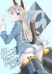  1girl a9b_(louis814) absurdres ace_of_diamonds animal_ears ass blonde_hair blue_eyes dated eila_ilmatar_juutilainen eyebrows_visible_through_hair fox_ears fox_tail happy_birthday highres long_hair long_sleeves looking_at_viewer looking_back military military_uniform pantyhose solo strike_witches striker_unit tail uniform white_legwear world_witches_series 