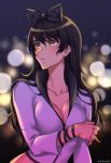  1girl alternate_costume artist_name black_hair blake_belladonna bow breasts city_lights cleavage hair_bow highres jacket kio_rojine looking_afar rwby solo yellow_eyes 