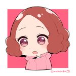  1girl :o blush brown_eyes brown_hair commentary_request do_m_kaeru okumura_haru open_mouth persona persona_5 pink_sweater ribbed_sweater short_hair sweater twitter_username upper_body 