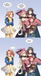  3girls blush book carrying commentary eleanor_hume english hat highres long_hair magilou_(tales) multiple_girls pointy_ears princess_carry tales_of_(series) tales_of_berseria ticcy twintails velvet_crowe witch_hat yuri 