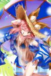  15-jam animal_ears beach_umbrella bikini bikini_under_clothes blue_bikini day ears_through_headwear fate/grand_order fate_(series) fox_ears fox_tail hat highres innertube ocean one_eye_closed outdoors palm_tree pink_hair pixiv_fate/grand_order_contest_2 shirt side-tie_bikini straw_hat sun_hat swimsuit tail tamamo_(fate)_(all) tamamo_no_mae_(swimsuit_lancer)_(fate) tongue tongue_out tree umbrella wet wet_clothes wet_shirt wet_t-shirt yellow_eyes 