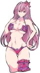  1girl :d bikini bracelet breasts collarbone commentary_request enpe fate/grand_order fate_(series) flower hair_flower hair_intakes hair_ornament hand_on_hip hand_on_own_chest hibiscus highres jewelry large_breasts leg_garter looking_at_viewer navel open_mouth pink_bikini purple_bikini purple_hair red_eyes scathach_(fate/grand_order) scathach_(swimsuit_assassin)_(fate) smile solo swimsuit thighs white_background 