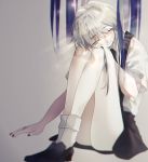  1other absurdres androgynous blurry eyes_visible_through_hair gem_uniform_(houseki_no_kuni) ghost_quartz_(houseki_no_kuni) glowing glowing_hair grey_background grey_hair head_on_knees highres houseki_no_kuni knees_to_chest long_hair natsukaze_(mizuh20) silver_hair sitting smile solo sparkle suspenders white_eyes white_hair 