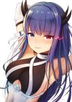  1girl arm_strap armpits arms_behind_head arms_up azur_lane bangs blue_eyes blue_hair breasts cleavage_cutout detached_sleeves eyebrows_visible_through_hair fou_zi glowing glowing_eyes heterochromia highres horns ibuki_(azur_lane) large_breasts long_hair long_sleeves looking_at_viewer parted_lips red_eyes ribbon sideboob sidelocks simple_background solo upper_body white_background 