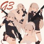  ^_^ absurdres battle_rifle blonde_hair blush breasts character_name cleavage closed_eyes commentary_request g3_(girls_frontline) girls_frontline gun h&amp;k_g3 highres jewelry long_hair looking_at_viewer muike naked_towel necklace rifle sideboob smile thigh_strap torn_clothes towel towel_on_head violet_eyes weapon 