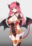  1girl bat_wings black_gloves blush breasts brooch character_request cleavage collarbone criss-cross_halter dargo demon_horns demon_tail elbow_gloves gloves gradient gradient_background halterneck highres horns jewelry large_breasts long_hair low_wings pink_hair princess_connect!_re:dive red_eyes simple_background smile solo standing tail wing_piercing wings 