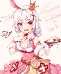  1girl absurdres animal_ears bare_shoulders belt benghuai_xueyuan breasts broken_heart brown_background cleavage commentary_request cream crown crying crying_with_eyes_open de_da_xianyu dress food fruit gloves hair_ornament hand_on_own_chest hands_up happy_birthday heart highres holding holding_plate honkai_impact long_hair medium_breasts mini_crown pink_dress plate rabbit_ears red_belt red_eyes silver_hair simple_background sleeveless sleeveless_dress solo spoken_heart strawberry tears theresa_apocalypse toothpick white_gloves x_hair_ornament 