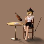  1girl absurdres adapted_costume arm_up barefoot black_skirt blonde_hair bow_(instrument) breasts brown_background chair crescent_moon_symbol cup floating frown hat highres inoshin_(inixia1748) instrument legs_crossed levitation looking_at_viewer lunasa_prismriver paper_stack pen shadow sheet_music shirt short_hair short_sleeves simple_background sitting skirt small_breasts solo table teacup touhou violin white_shirt yellow_eyes 