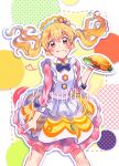  1girl aikatsu! aikatsu!_(series) alternate_hairstyle apron blonde_hair blush broccoli brown_eyes commentary_request cowboy_shot dress english eyebrows_visible_through_hair floating_hair food food_on_face frills fuji_fujino hair_between_eyes headdress heart holding holding_spoon holding_tray hoshimiya_ichigo long_hair looking_at_viewer omurice partial_commentary smile solo spoon tomato tongue tongue_out tray twintails waitress 