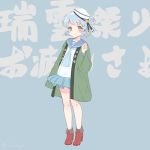  1girl aqua_neckwear aqua_skirt black_ribbon blue_background blue_hair blue_sailor_collar boots clothes_removed dixie_cup_hat double_bun emia_wang full_body happi hat japanese_clothes kantai_collection long_sleeves looking_at_viewer military_hat miniskirt neckerchief pleated_skirt red_footwear ribbon sailor_collar samuel_b._roberts_(kantai_collection) school_uniform serafuku shirt short_hair skirt sleeve_cuffs smile solo translation_request wall_of_text white_hat white_shirt yellow_eyes 