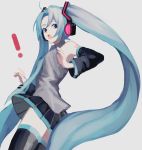  ! 1girl bare_shoulders black_legwear black_skirt blue_eyes collared_shirt cowboy_shot from_side grey_background grey_shirt hatsune_miku headphones highres long_hair long_sleeves looking_at_viewer microphone open_mouth p2_(uxjzz) shirt simple_background skirt sleeveless sleeveless_shirt solo thigh-highs twintails very_long_hair vocaloid wide_sleeves wing_collar 