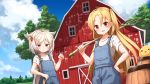  2girls :d ahoge alternate_costume ame. animal_ears azur_lane bangs barn barrel bird blonde_hair blue_sky blush building carrot_hair_ornament cleveland_(azur_lane) clouds cloudy_sky commentary_request day dutch_angle eyebrows_visible_through_hair farmer fingernails food_themed_hair_ornament hair_between_eyes hair_ornament hand_up holding long_hair montpelier_(azur_lane) multiple_girls one_side_up open_mouth outdoors over_shoulder overalls parted_lips pitchfork red_eyes round_teeth shirt silver_hair sky smile teeth tree upper_teeth v-shaped_eyebrows very_long_hair white_shirt window 