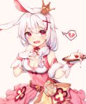  1girl absurdres animal_ears bare_shoulders belt benghuai_xueyuan breasts broken_heart brown_background cleavage cream crown crying crying_with_eyes_open de_da_xianyu dress food fruit gloves hair_ornament hand_on_own_chest hands_up heart highres holding holding_plate honkai_impact long_hair medium_breasts mini_crown pink_dress plate rabbit_ears red_belt red_eyes silver_hair simple_background sleeveless sleeveless_dress solo spoken_heart strawberry tears theresa_apocalypse toothpick white_gloves x_hair_ornament 