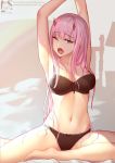  1girl armpits bed black_bra black_panties bow bow_panties bra breasts commentary_request darling_in_the_franxx eyebrows_visible_through_hair green_eyes highres horns long_hair looking_at_viewer nipples one_eye_closed open_mouth panties pink_hair saliva shadowgrave solo stretch sweat underwear yawning zero_two_(darling_in_the_franxx) 