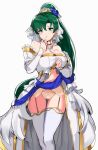  1girl absurdres bangs bare_shoulders blue_sash blush breasts bridal_veil bride choker cleavage detached_sleeves dress earrings eyebrows_visible_through_hair fire_emblem fire_emblem:_rekka_no_ken fire_emblem_heroes flower garter_straps green_eyes green_hair hair_flower hair_ornament hairband hand_on_own_chin highres jewelry large_breasts long_hair looking_at_viewer lyndis_(fire_emblem) necklace ormille panties ponytail sash simple_background skirt skirt_lift solo thighs underwear veil wedding_dress white_background white_dress white_legwear 