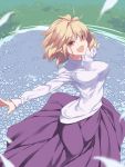  ahoge antenna_hair arcueid_brunestud auru_t bangs blonde_hair breasts commentary_request eyebrows_visible_through_hair flower full_body grass hair_between_eyes hair_intakes highres long_skirt open_mouth outstretched_arms petals purple_skirt red_eyes short_hair sidelocks skirt spread_arms sweater tsukihime turtleneck turtleneck_sweater white_sweater 